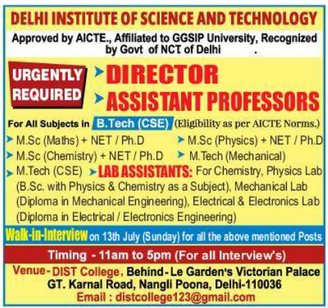 Delhi Institute of Science and Technology Walk-in Recruitment 2025