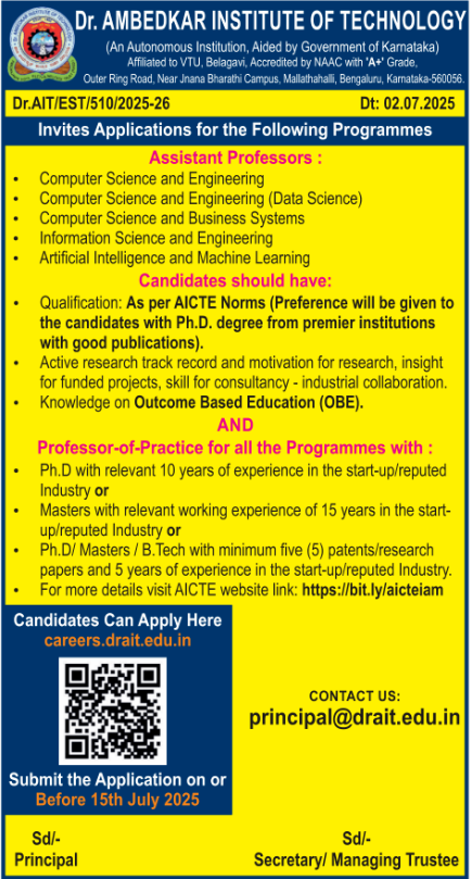 Faculty Jobs at Dr Ambedkar Institute of Technology
