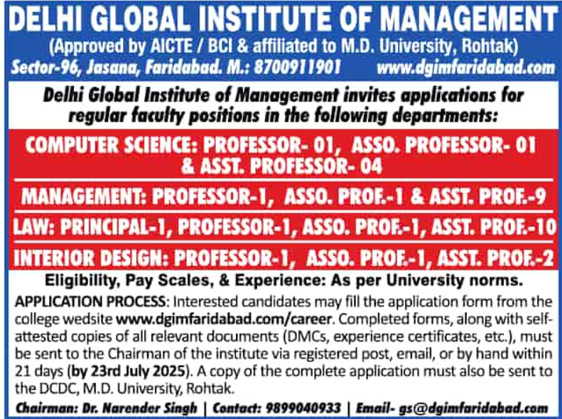 Delhi Global Institute of Management Faculty Recruitment 2025