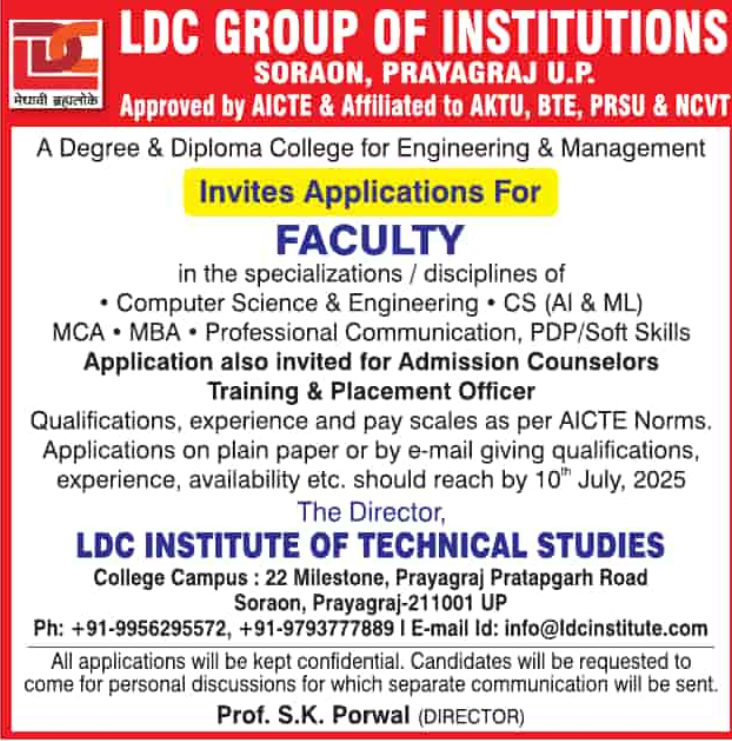 LDC Group of Institutions Prayagraj Faculty Jobs 2025