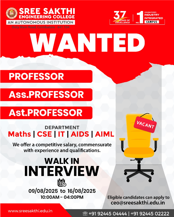 Walk-in Interview at Sree Sakthi Engineering College Coimbatore 2025