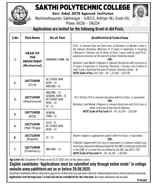 Sakthi Polytechnic College Erode Faculty Recruitment 2025