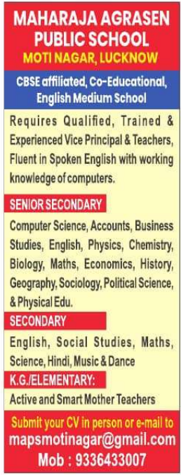 Maharaja Agrasen Public School Lucknow Teachers Recruitment 2025