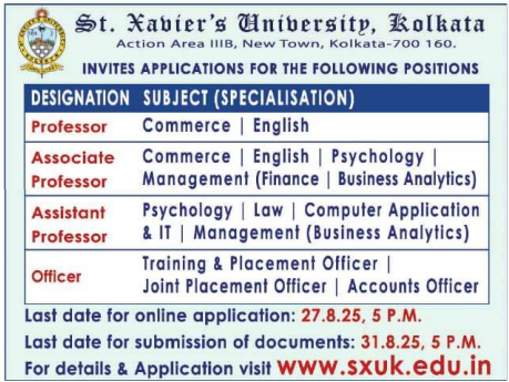 St. Xaviers University Kolkata Faculty Recruitment 2025