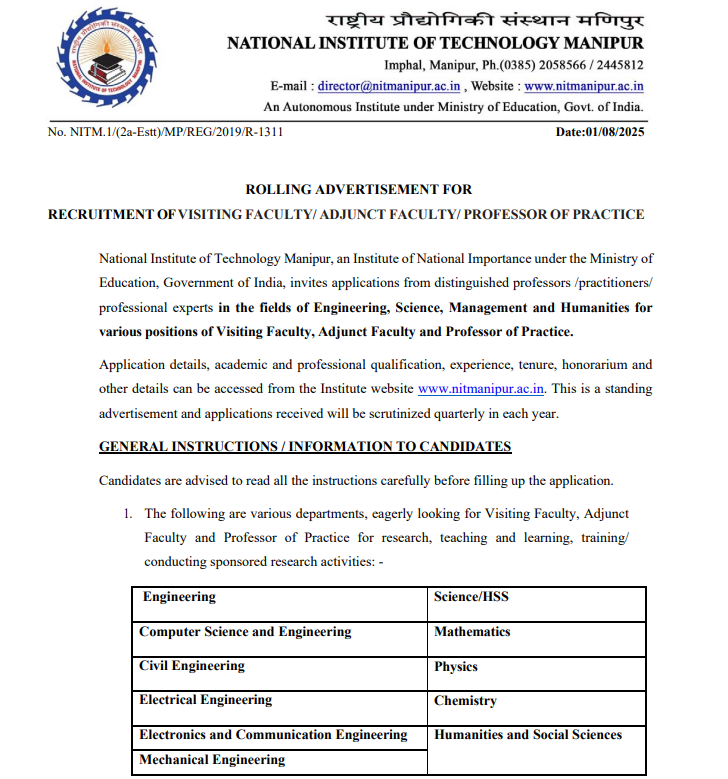 NIT Manipur Wanted Visiting and Adjunct Faculty
