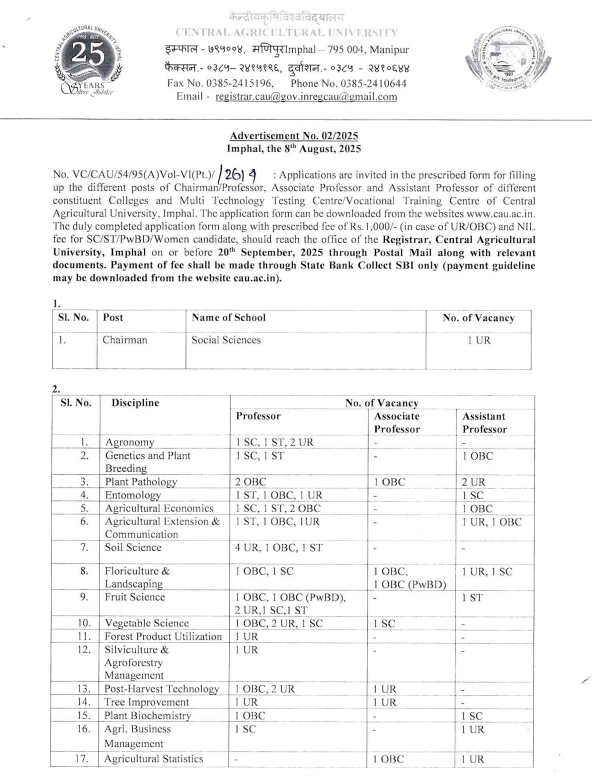 Faculty Recruitment 2025 at Central Agricultural University