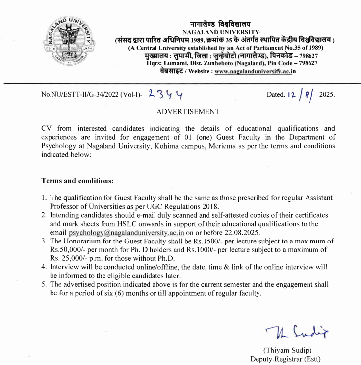 Nagaland University Guest Faculty Recruitment in Psychology
