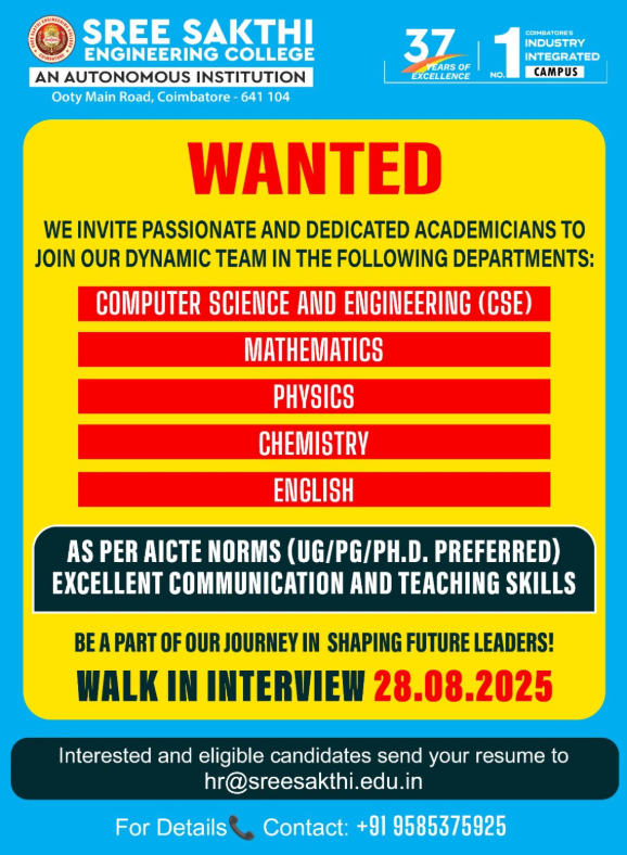 Sree Sakthi Engineering College Teaching Faculty Recruitment 2025