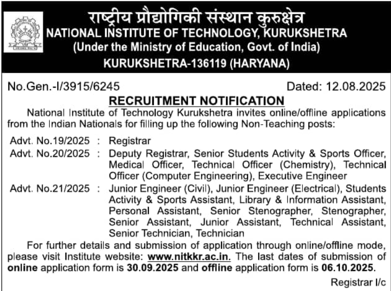 NIT Kurukshetra Non-Teaching Faculty Recruitment 2025