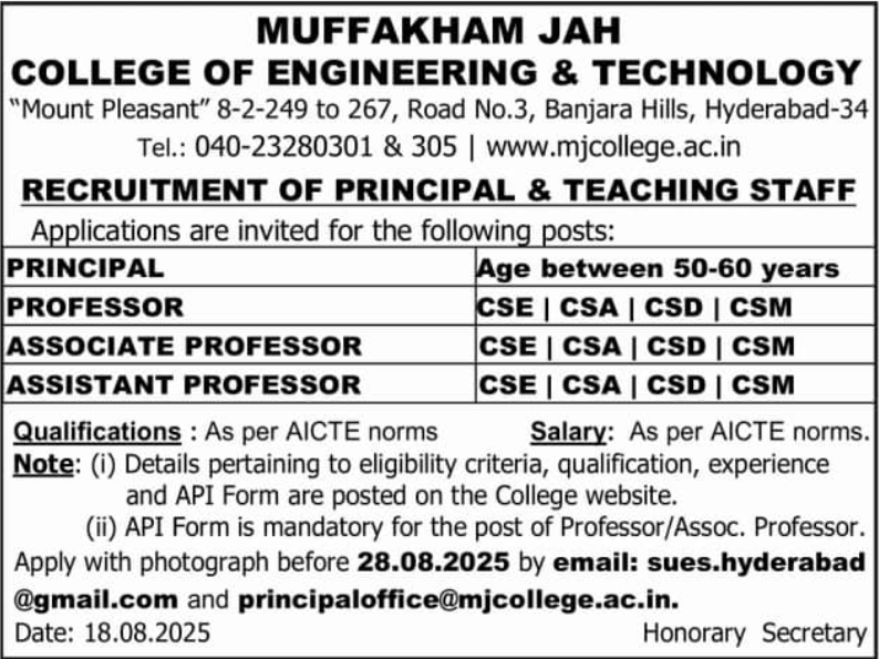 Muffakham Jah College of Engineering & Technology Faculty Recruitment 2025
