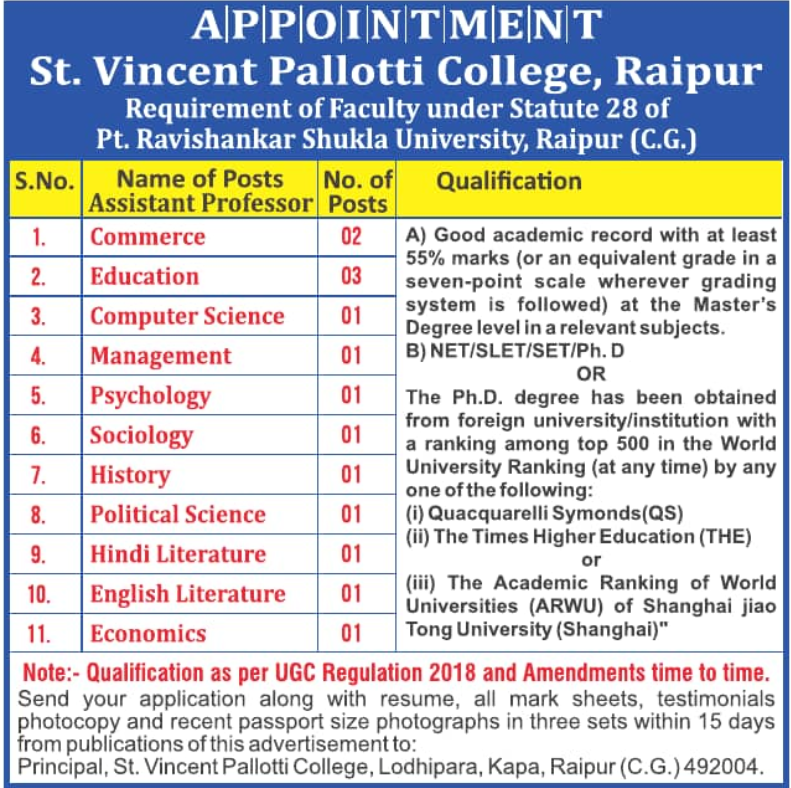 St Vincent Pallotti College Raipur Assistant Professor Recruitment 2025