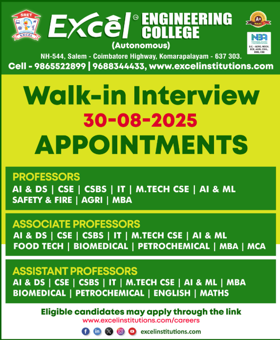 Excel Institutions Walk-in Interview for Multiple Positions