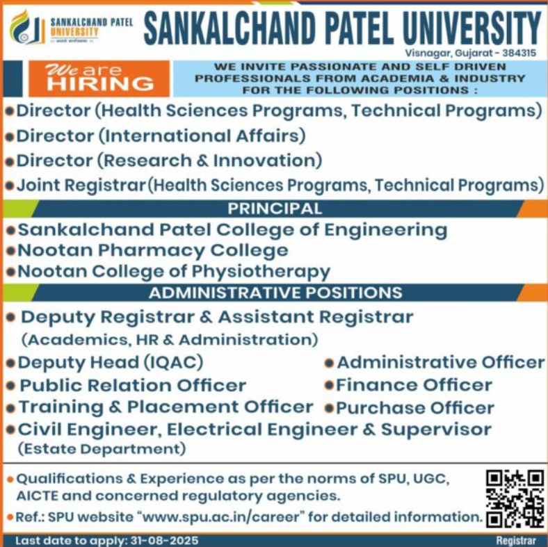 Administrative Positions at Sankalchand Patel University