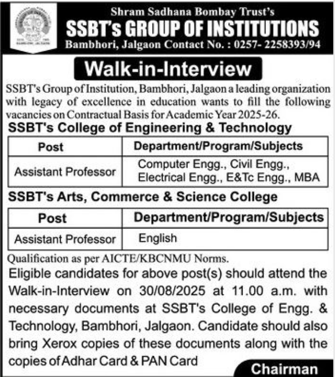 Assistant Professor Jobs at SSBT Group of Institutions