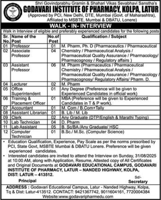 Godavari Institute of Pharmacy Latur Faculty Recruitment 2025