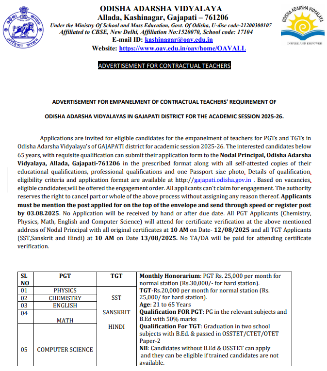 Odisha Adarsha Vidyalaya Gajapati Teaching Jobs 2025