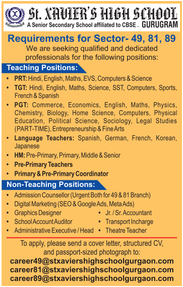 St Xaviers High School Gurugram Faculty and Staff Recruitment 2025
