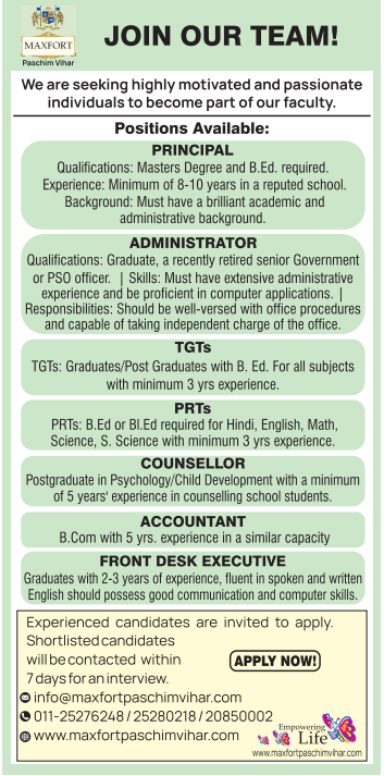 Faculty Recruitment 2025 at Maxfort Paschim Vihar