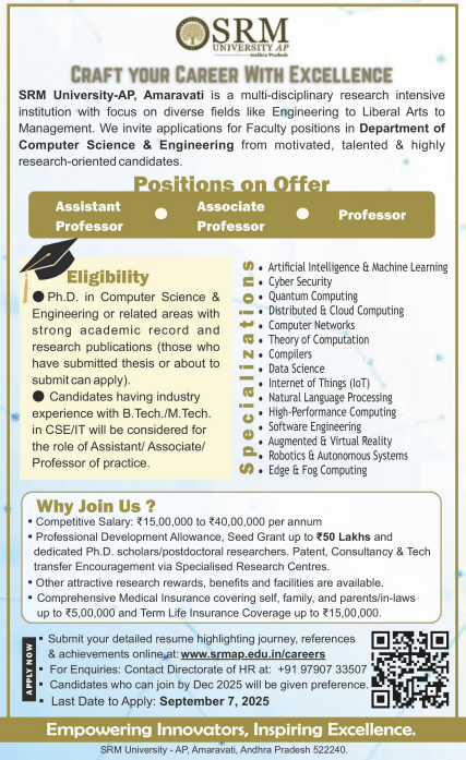 SRM University-AP Faculty Recruitment 2025