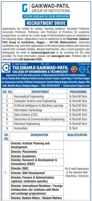 Faculty Recruitment 2025 Gaikwad-Patil Group of Institutions