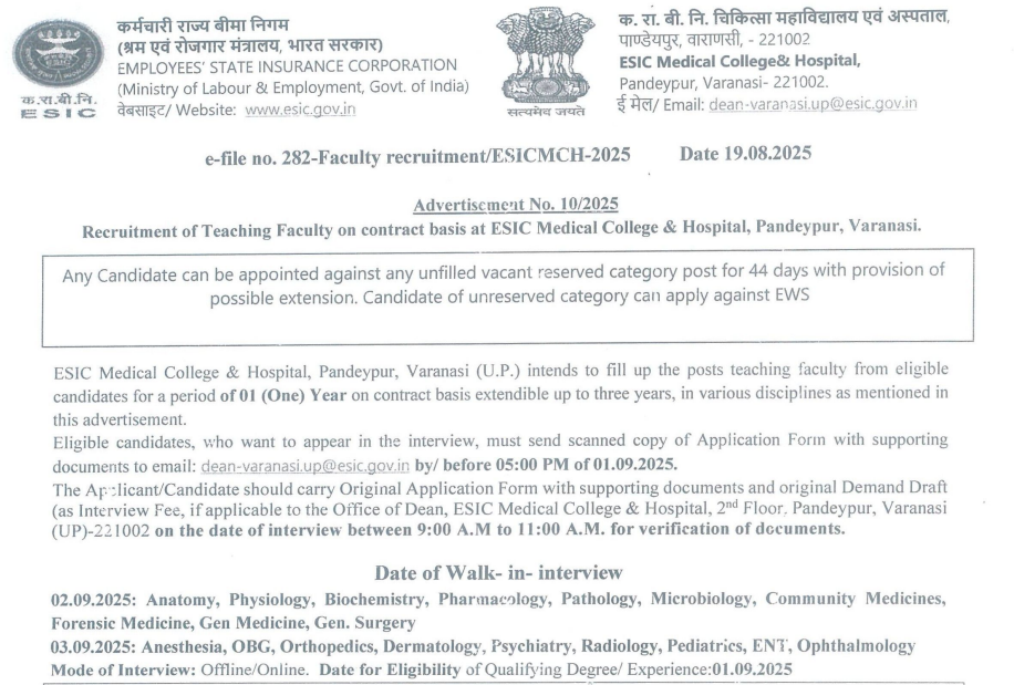 Walk-in Interview Drive at ESIC Medical College Varanasi