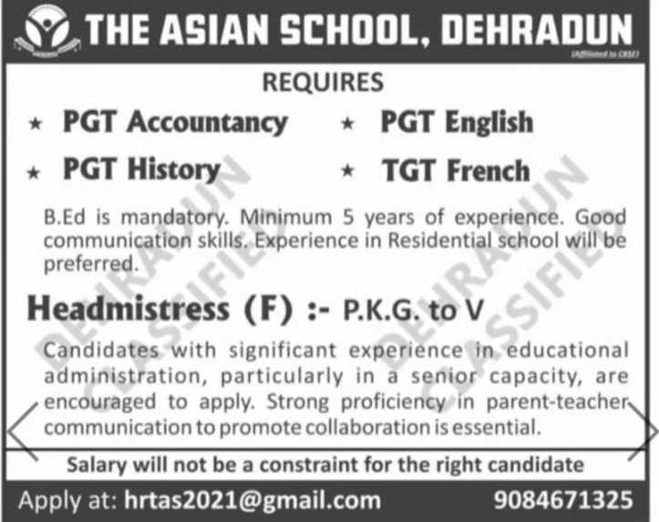PGT and TGT Jobs at The Asian School