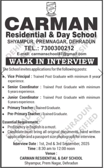 Carman Residential and Day School Dehradun Recruitment 2025