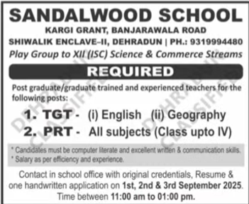 TGT and PRT Jobs at Sandalwood School