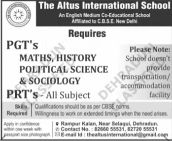 The Altus International School Dehradun PGT and PRT Teaching Jobs