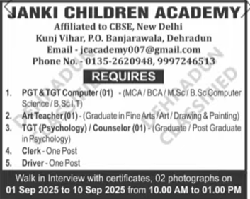 Janki Children Academy Dehradun Teachers and Clerk Job Openings