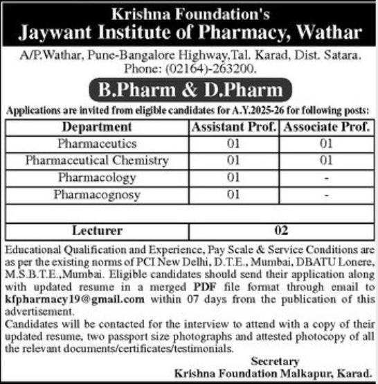 Faculty Job Openings at Jaywant Institute of Pharmacy