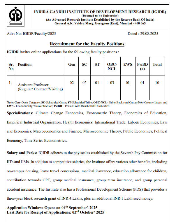 Indira Gandhi Institute of Development Research Assistant Professor Recruitment
