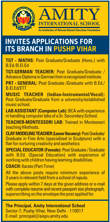 Teaching Jobs at Amity International School Pushp Vihar
