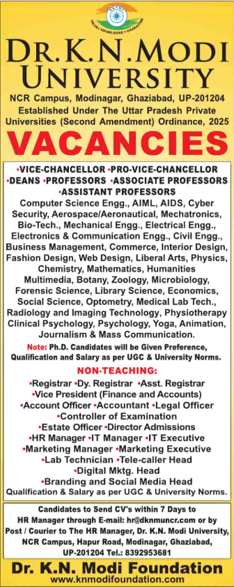 Dr K N Modi University Ghaziabad Faculty Recruitment 2025
