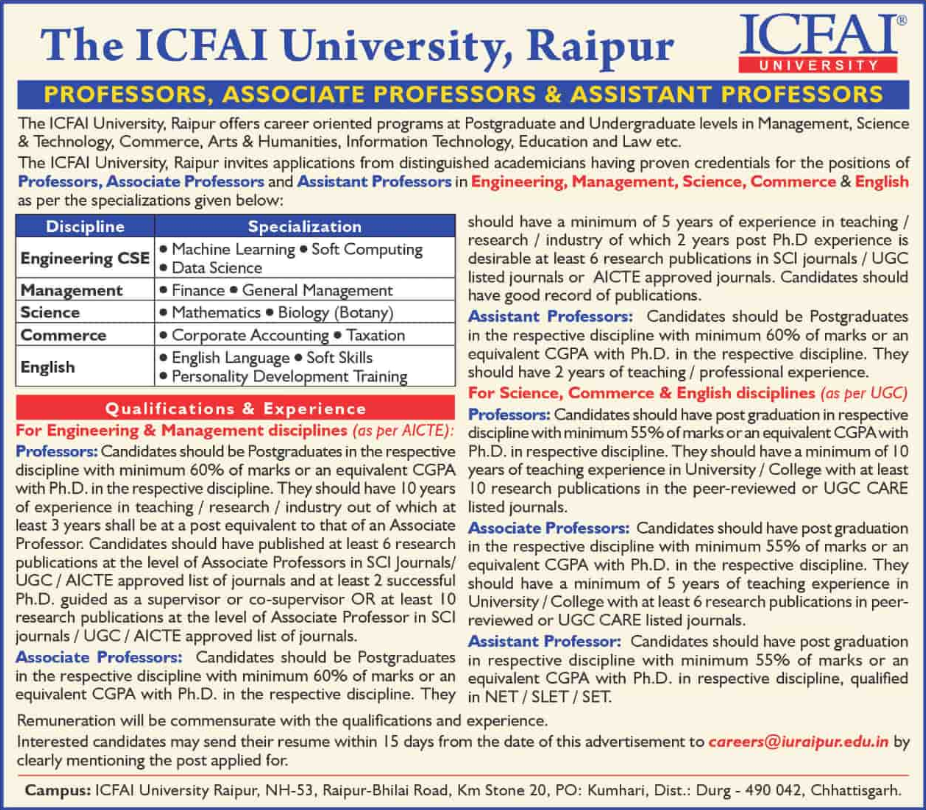 ICFAI University Raipur Faculty Recruitment 2025