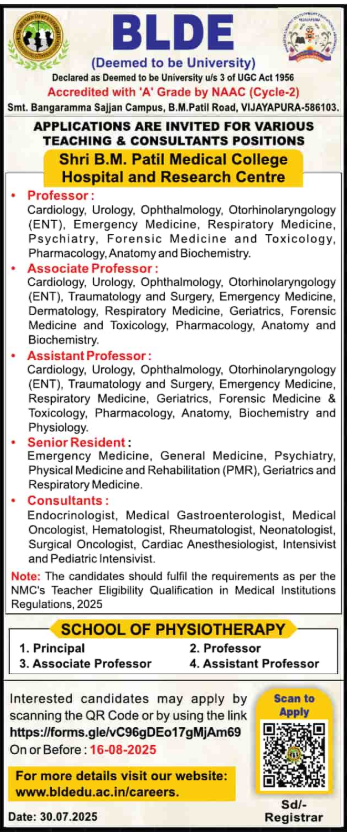 Shri BM Patil Medical College Faculty Recruitment 2025