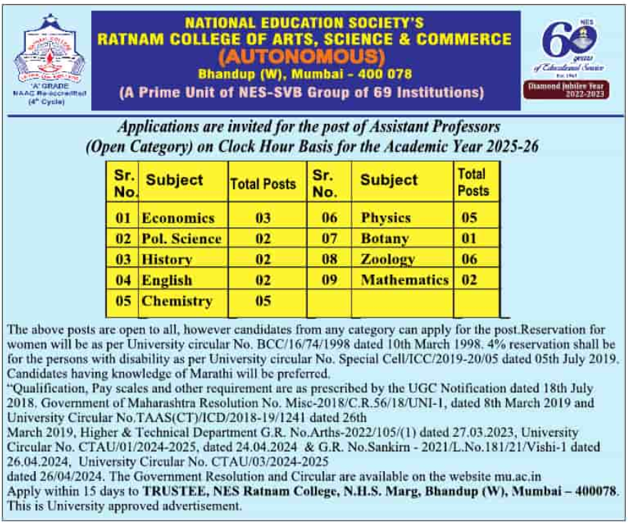 NES Ratnam College Mumbai Assistant Professor Jobs