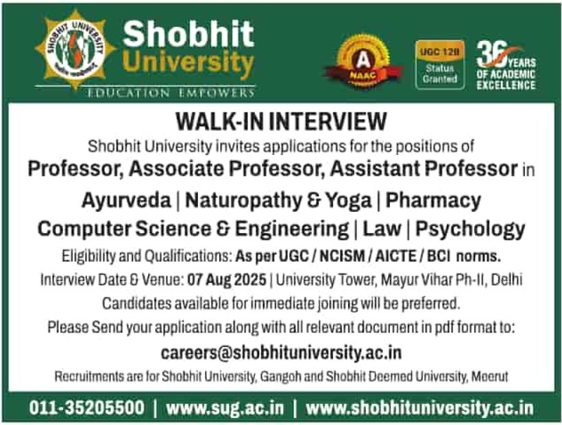 Walk-in Interview at Shobhit University for Faculty Positions