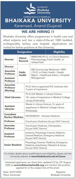 Bhaikaka University Assistant Professor and Non-Teaching Recruitment