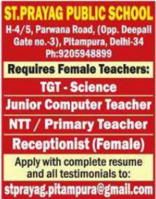 St Prayag Public School Delhi Female Faculty and Staff Recruitment 2025
