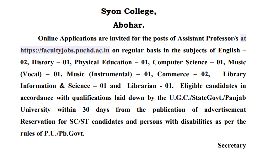 Syon College Abohar Assistant Professor Jobs