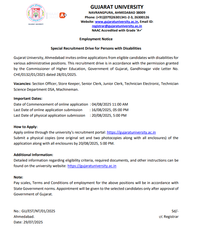 Gujarat University Ahmedabad Non-Teaching Faculty Recruitment