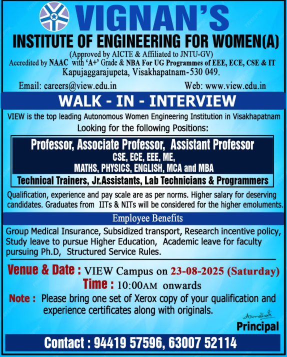 Vignan Institute of Engineering for Women Visakhapatnam Faculty Recruitment 2025