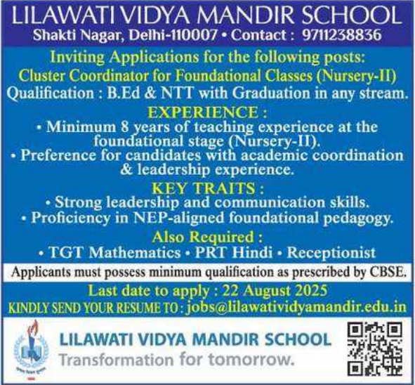 Lilawati Vidya Mandir School Teacher Recruitment 2025