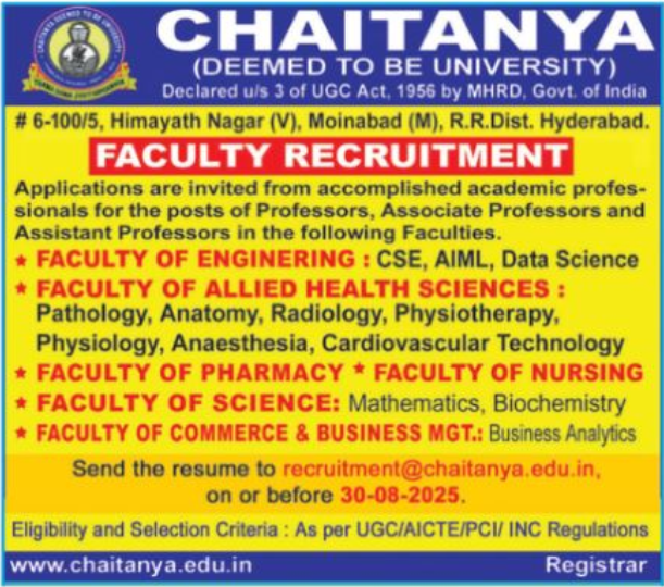 Chaitanya (Deemed to be University) Hyderabad Faculty Recruitment 2025