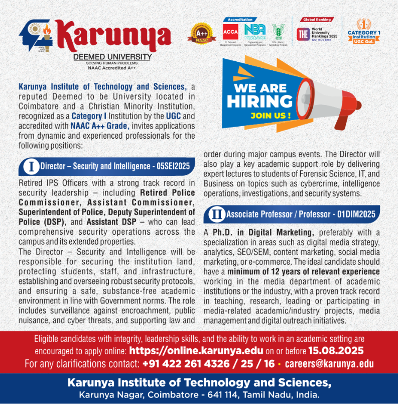 Karunya Institute of Technology and Sciences Faculty and Leadership Vacancies 2025