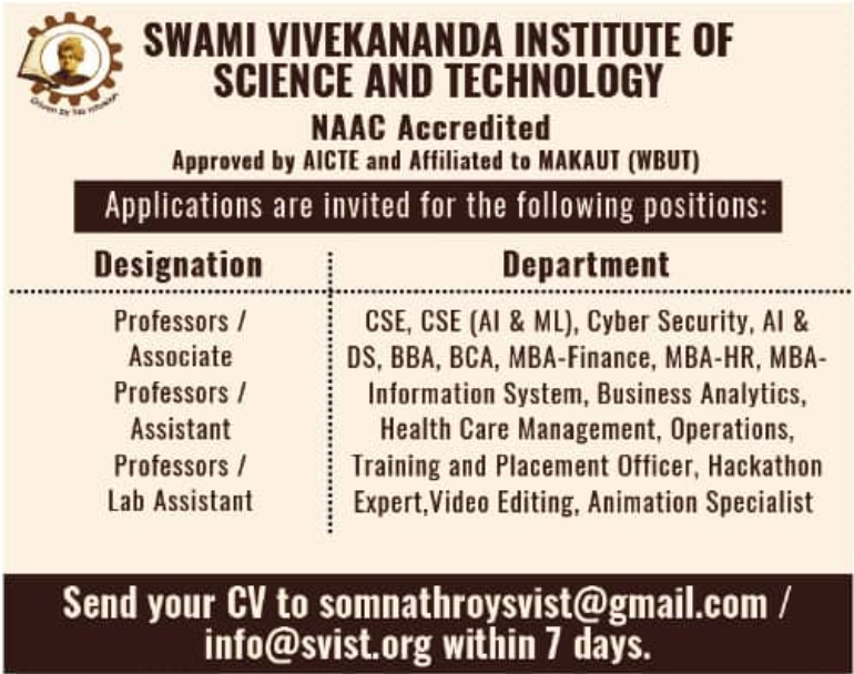 Swami Vivekananda Institute of Science and Technology Faculty Recruitment 2025