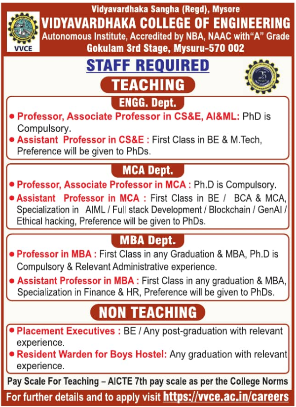 Vidyavardhaka College of Engineering Mysore Faculty Recruitment
