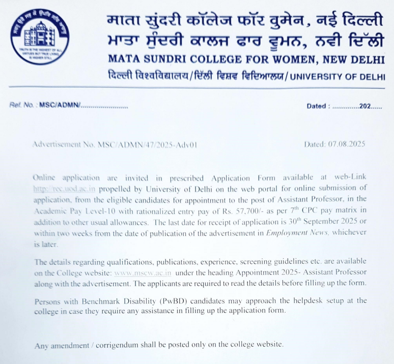 Assistant Professor Openings at Mata Sundri College for Women