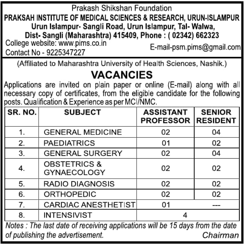Prakash Institute of Medical Sciences and Research Sangli Recruitment 2025